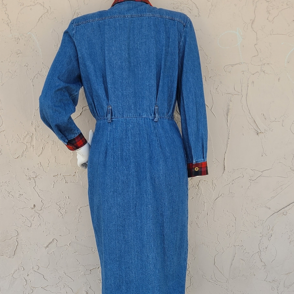 SOLD Vintage Plaid and Blue Jean Long Sleeve Dress - Picture 4 of 9